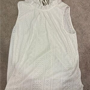 Sleeveless White Eyelet Ruffle-Neck Blouse